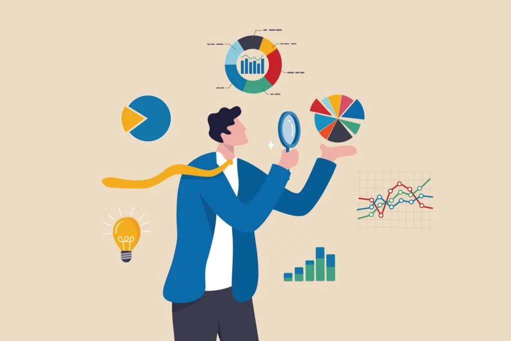 a graphic showing a man looking at charts with a magnifying glass glass to demonstrate analyzing test results